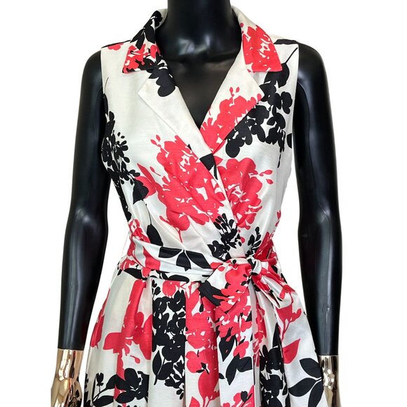 Jessica Howard Pink Black Floral Fit & Flare Dress Size 12 Belted Pleated Midi - Picture 4 of 11